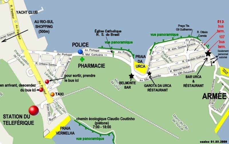 Plan de Urca arrondissement, Plage d'Urca , Plage Vermelha (Rouge), avec arrêts de bus, lieux touristiques, le Pain de sucre, les transports publics, restaurants, chemin écologique Claudio Coutinho, vues panoramiques.