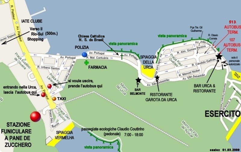 Mappa di Urca, Urca spiaggia, Spiaggia Vermelha (Rossa), fermate degli autobus, località turistiche, Sugar Loaf, i mezzi di trasporto pubblici, ristoranti, passegiate ecologiche Claudio Coutinho, viste panoramiche
