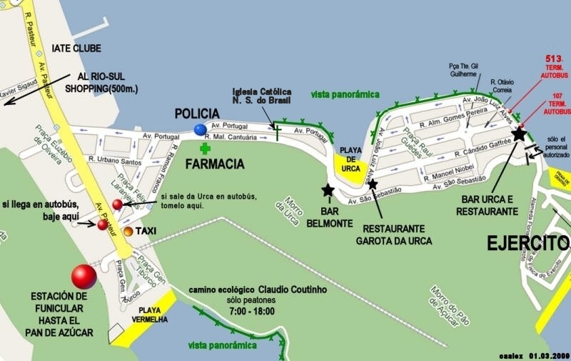 Callejero de Urca, Urca Playa, Playa Vermelha (Roja, Colorada), con paradas de autobús, sítios turísticos, Pan de Azúcar, el transporte público, restaurantes, camino ecológico Claudio Coutinho, vistas panoramicas.